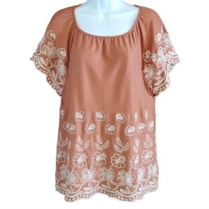 SACRED THREADS Boho Embroidered Rust Peasant Top
